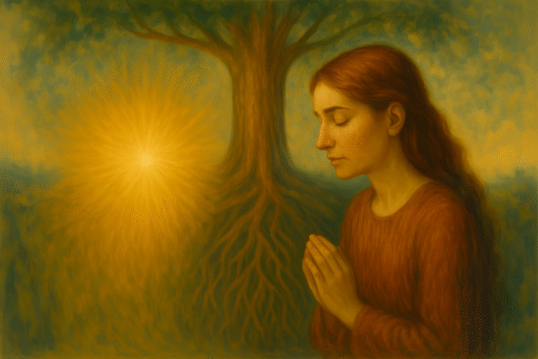 Abstract spark of light rising from ancestral soil
